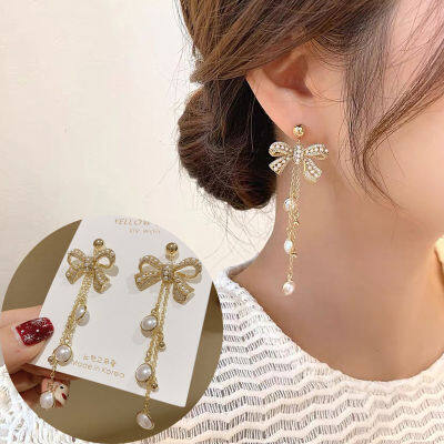 ต่างหูเข็มเงิน 925 เกาหลีโบว์มุกต่างหูพู่หวาน925 Silver Needle Earrings Korean Version Bowknot Pearl Earrings Temperament Sweet Tassel Earrings