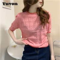 Yuvon เสื้อยืดแขนเสื้อสั้นถักหัวใจกลวงสีชมพูสไตล์เกาหลีสำหรับฤดูร้อนใหม่เสื้อเบลาส์ทรงหลวมบางอเนกประสงค์สำหรับผู้หญิง