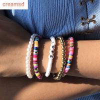 CREAMSD สร้อยข้อมือเครื่องปั้นดินเผาแบบนุ่มมีตัวอักษรลูกปัดดินเหนียวสไตล์โบโฮสำหรับผู้หญิง5ชิ้น/2ชิ้นแฟชั่นเรซิ่นชุดกำไลอัญมณี