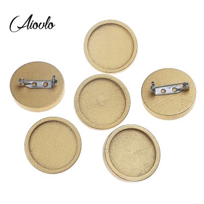 10pcs Vintage Gold Wood Cabochon Brooch Base Settings 25mm Round Bezel Tray Diy Stainless Steel Brooches Pin for Jewelry Making