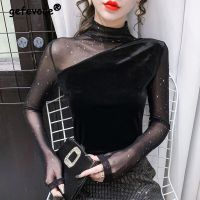 Sexy Sheer Mesh Patchwork Sequins Elegant Fashion Party Club Ladies Tops Spring Autumn Slim Fit Long Sleeve Black T Shirt Women