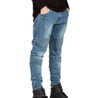 Mens Skinny Biker Jeans เดอร์รี่ Rider รถจักรยานยนต์รันเวย์กางเกงยีนส์บาง Joggers(สีน้ำเงิน)