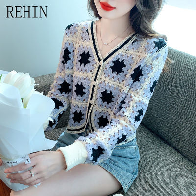 REHIN เสื้อสเวตเตอร์ถักมาใหม่ล่าสุดวินเทจ,เสื้อผู้หญิงแขนยาวอเนกประสงค์ลายฉบับภาษาเกาหลีทรงหลวมเย็บตกแต่งลายดอกไม้