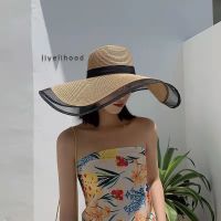 COD tjjs079 Handmade Weave Sun Hat for Women Black Ribbon Lace Up Mesh Gauze Brim Large Brim Straw Hat Outdoor Beach Hat Summer Cap