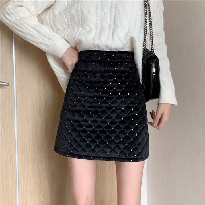 easygarment-spring-black-high-waist-sequin-a-line-women-new-slim-quilted-velvet-mini-skirt