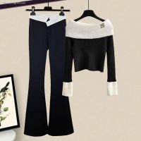 Autumn Suit for Women 2023 New Plus Size Womens Clothing Slit One Shoulder Knitted Sweater Boots Casual Pants Two-piece Trendy Set