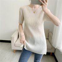 2023 Hot Miyake pleated top spring and summer mid-length T-shirt womens round neck slim short sleeve slit casual large size womens clothing