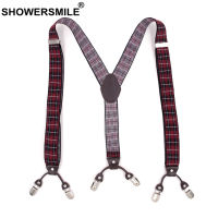 (ร้อน) SHOWERSMILE บุรุษกางเกงจัดฟันอังกฤษลายสก๊อตสีแดง Suspenders 6คลิป Jacquard ธุรกิจอย่างเป็นทางการยืดหยุ่นหนังชายกางเกงสาย