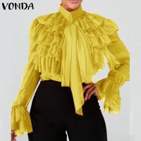 Women Office Blouse Elegant OL Style Shirts Stand Collar Ruffled Tops 2021 VONDA Female Casual Baggy Blusas Femininas