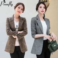 PEONFLY Vintage Office Lady Notched Collar Plaid Women Blazer Single Button Autumn Jacket 2022 Casual Pockets Female Suits Coat