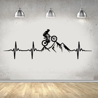 MTB Mountain Bike Heartbeat Wall Decal Living Room Bedroom Man Mountain Biker Downhill Bicycle Wall Sticker Playroom Vinyl Tapestries Hangings