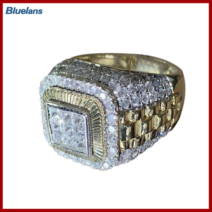 Bluelans®แหวนใส่นิ้วฝังผู้ชายพลอยเทียมสุดหรูฮิปฮอปของขวัญเครื่องประดับสำหรับการหมั้นแต่งงาน