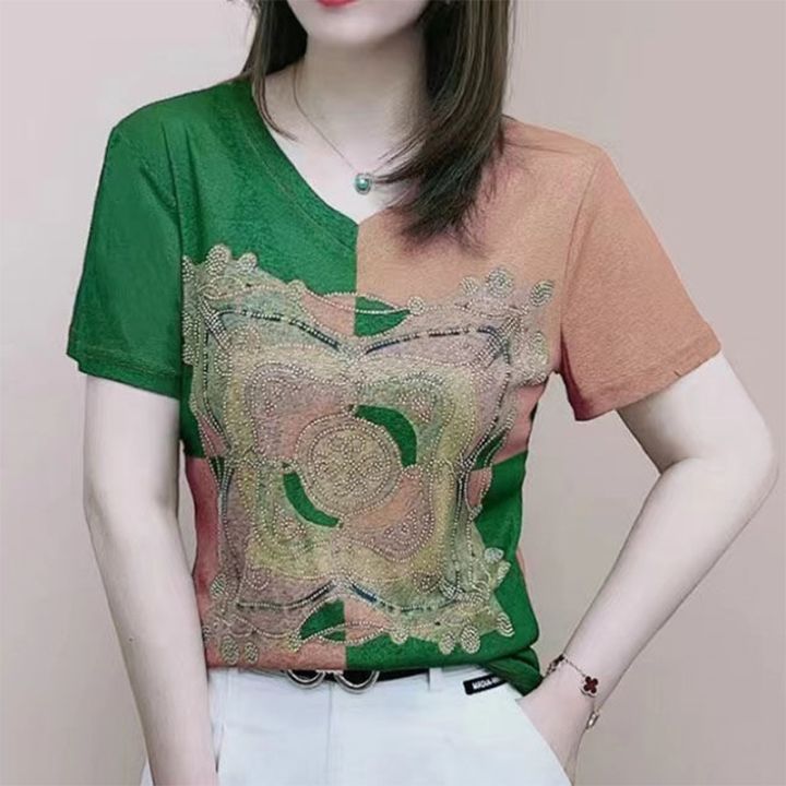 2022-fashion-temperament-t-shirt-short-sleeved-v-neck-loose-female-printed