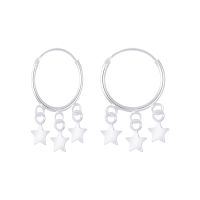 Silver thai 14mm Hoop earrings with star charms 3 dangle silverต่างหูห่วงขนาด 14 มม. จี้รูปดาวห้อย 3 เม็ดเงินแท้925