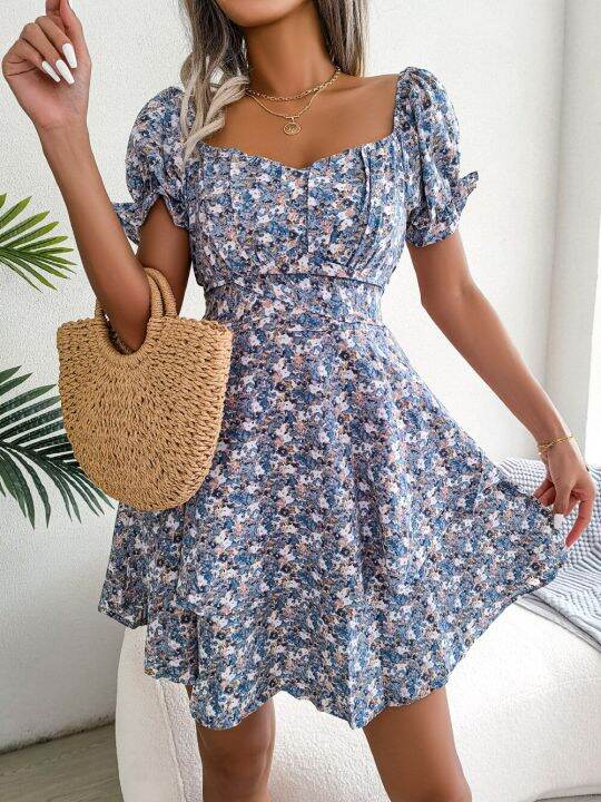 women-casual-floral-print-short-sleeve-slim-waist-ruffles-a-line-dress-summer-clothing