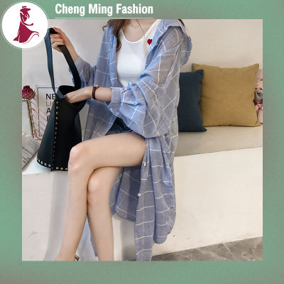 Cheng Ming เสื้อยืดสตรีแขนยาวคาร์ดิแกนมีปกลำลองแขนโคมไฟที่สง่างามเสื้อ Midi ลายสก๊อต