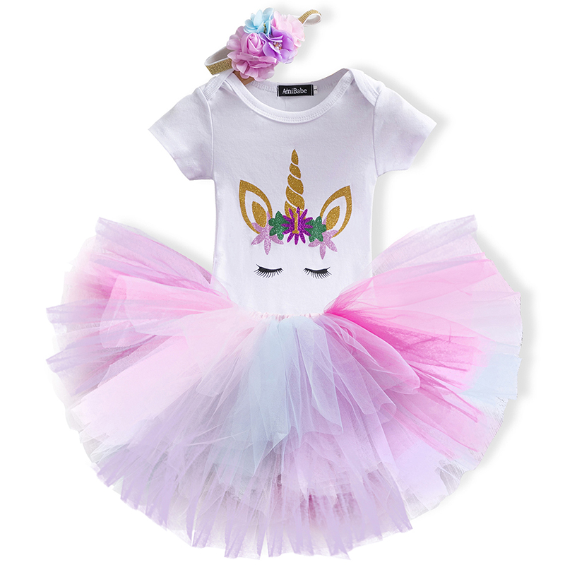 3Pcs Summer Outfit for Kids 1-7 Years Headwear Rainbow Tutu Skirt NNJXD Little Girls Unicorn Cotton T-Shirt 