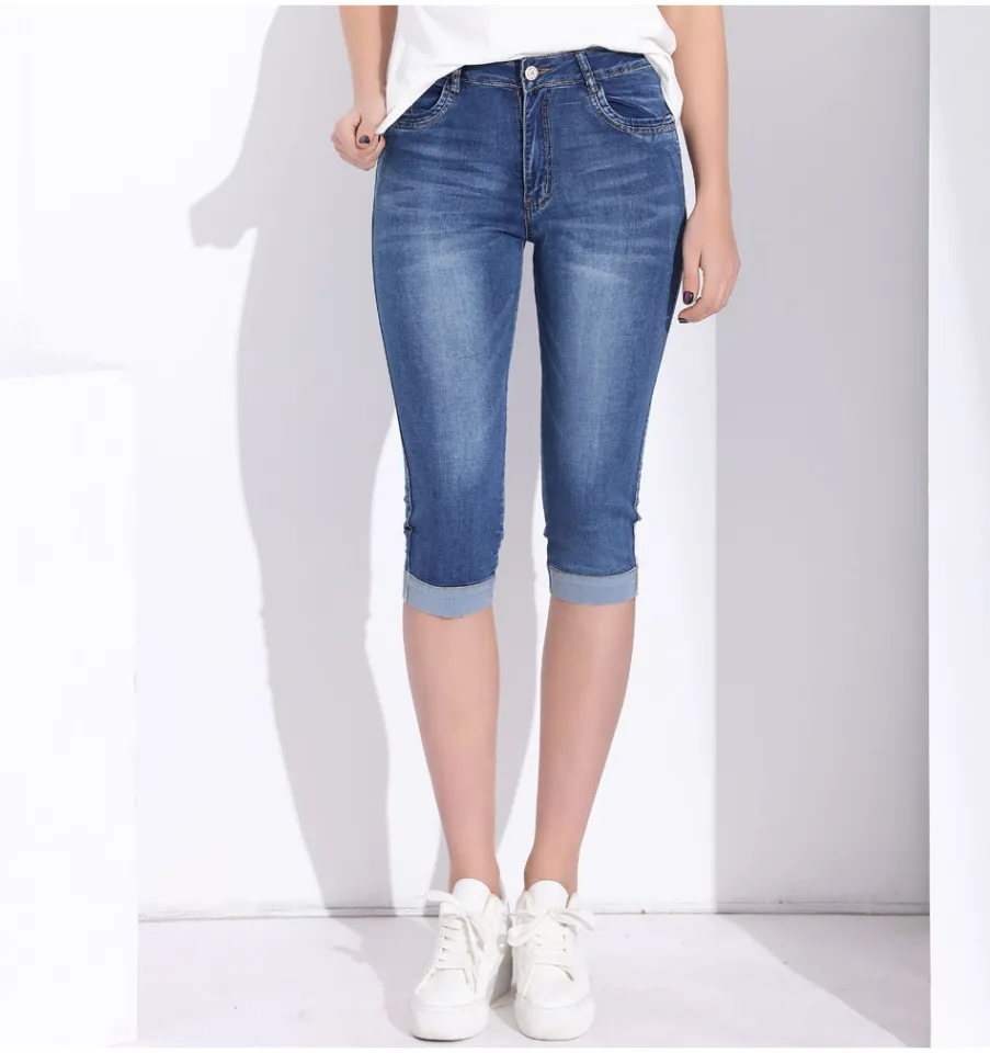 GAREMAY Plus Size Skinny Capris Jeans Woman Female Stretch Knee