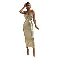 【jw】▫✓  Ladies Bodycon Nightclub Spaghetti Cowl Neck Metallic Gold Dresses for Woman