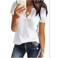 ✜  Elegant Womens Casual Tees Solid Top Short Sleeve 2023 Summer V-Neck Waffle Lady T-shirt S-5XL