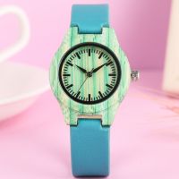 Summer Fashion Women Dress Bracelet Watch Unique Mint Green Wood Watch Creative Blue Leather Watch Womens Wrist Reloj Mujer