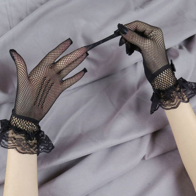 Shelleys ถุงมือลูกไม้สั้นผู้หญิงที่สง่างาม,ผ้าตาข่ายสีขาวดำถุงมือถุงมือปาร์ตี้งานพรอมสีล้วนทันสมัยของผู้หญิง