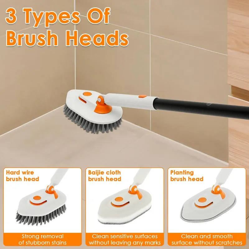 3 in 1 Tile Tub Shower Scrubber,Cleaning Brush with 58 Long  Handle,Detachable Stiff Bristle Scrub Brush-3 Scouring Pads, 2 Brush Heads  for Bathroom