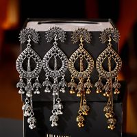 Womens Vintage Silver Water Drop Long Jhumka Earrings Indian Jewelry Turkish Carved Bells Earrings Tribal Gypsy Jewelry