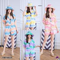 TW14029   Set 3 ชิ้น #สาวอวบ เสื้อเชิ้ต แขนสั้น กับกางเกงขาสั้น เอวสม็อคหลัง มาพร้อมหมวกบัคเก็ต    สอบถามก่อนสั่งซื้อ