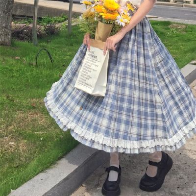 Japanese Lolita Style Women Skirt High Waist Vintage Plaid Buttons Skirt Elegant Ruffles Cute Kawaii Midi Self-Made Cotton Skirt