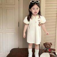 Babyonline(Y443) D1ชุดเดรสผ้าโปโลแขนพองลายหมีกระดุมหน้า มีแถบกันเหงื่อ สำหรับเด็กผู้หญิงอายุ1-5ปี