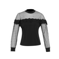 Women Chiffon Shirt Perspective Lace Patchwork Blouse O Neck Long Sleeve Hollow Net Yarn Office Ladies Shirts