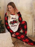 geegostudio Letter Print Pajama Set, Long Sleeve Crew Neck Top &amp; Plaid Pants, Womens Sleepwear &amp; Loungewear