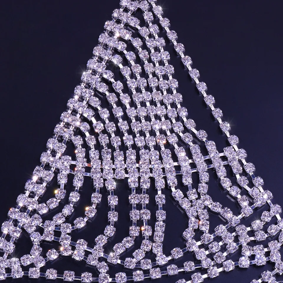 Women mesh Rhinestone Crystal chest tassel bra jewelry body chain party  Customes