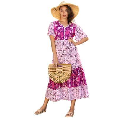 ผู้หญิง Ruffle แขนสั้น Bell Midi Long Swing Dress Boho ดอกไม้พิมพ์เซ็กซี่ V คอปุ่ม A-Line จีบ Hem Sundress