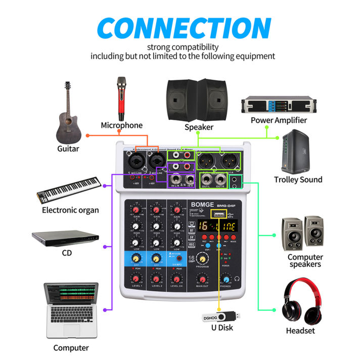 4ch-sound-mixer-dj-mixing-console-with-16-echo-dsp-bluetooth-48v-phantom-power-monitor-karaoke-system-5v-usb-power-mixer-audio