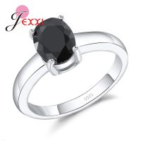 Brand Stylish One Oval Black Cubic Zirconia Crystal Simple Design For Women Engagement 925 Sterling Silver Ring Jewelry