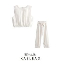 KASLEAD new ladies European and American wind easing round collar short sleeveless jacket casual pants cotton and linen suit ❤