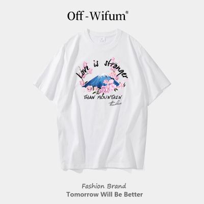 ❦เสื้อยืดแขนสั้น OFF-WIFUM อเมริกัน,เสื้อยืดผู้ชายและผู้หญิงผ้าฝ้ายเนื้อหนาสีขาวฐานสีทึบ