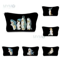 Cartoon Shark Set Cosmetic Bag Cute Cat Print Womens Makeup Pouch Lady Portable Mini Purse Toiletry Organizer Travel Beauty Case