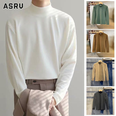 ASRV เสื้อกันหนาว ผช เสื้อกันหนาว ผู้ชาย สเวตเตอร์ชาย sweaters for men เสื้อยืดแขนยาวสำหรับผู้ชาย,สีทึบกำมะหยี่สองชั้นครึ่งคอสูงเสื้อฐานเพรียวบางลำลองแฟชั่นเกาหลี