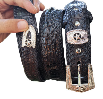 "เชิญเยี่ยมชมได้ที่ร้านHitHot"Genuine Crocodile Leatherเข็มขัด Cowboy สายสีดำ หัวดาว แบบหัวชุด  ใช้ได้ทั้งในออฟฟิต