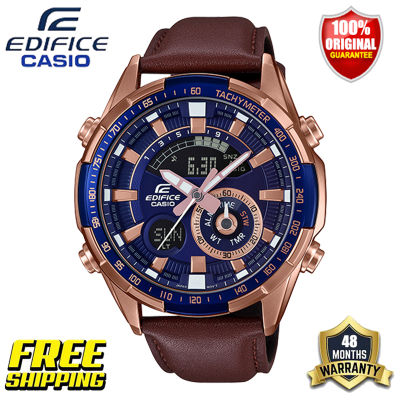 Edifice G-shock ของแท้บุรุษกีฬาแฟชั่นนาฬิกากันกระแทกกันน้ำสายหนังแท้กรณีเหล็กยกมืออัตโนมัติหน้าจอคู่นำจอแสดงผลรับประกัน 4 ปี ERA-600GL-2A