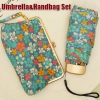 【CW】 Women Ultralight Mini Flat Handle Five Fold Umbrella Floral Sunny and Rainy Umbrella Rain amp; Storage Handbag