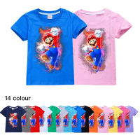 เสื้อเสื้อยืดเด็กผู้หญิงลายการ์ตูน Super Mario Bros สำหรับเด็ก0000,เสื้อยืดแฟชั่นแขนสามส่วนผ้าคอตตอนคอมบ์ฤดูร้อน