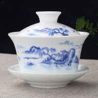 Jingdezhen ถ้วยน้ำชาชาทำมือเซรามิก Gaiwan ถ้วยชาบูติกถ้วยน้ำชาเครื่องลายครามจีนอุปกรณ์เสริมแก้วน้ำ