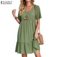 ❧△✠ ZANZEA Women Daily V-neck Short Sleeve Ruffled Multi Layered Dress Short Dress