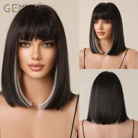 Short Blonde Highlight Black Synthetic Wig with Bangs Straight Cosplay Bob Wigs for Women Natural Heat Resistant Daily Hair