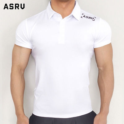 ASRV เสื้อโปโลผู้ชายฤดูร้อนปกแขนสั้นเสื้อยืดสีทึบพิมพ์ตัวอักษรถุงน่องแห้งเร็ว