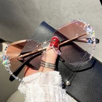 ✶∈ 2023 Luxury Vintage Rimless Rhinestone Sunglasses Women Brand Design Fashion Gradient Lens Sun Glasses Men Shades for Female